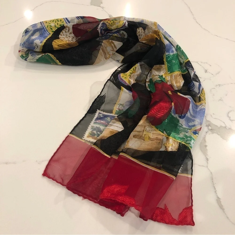 Vintage Liz Claiborne Scarf Wrap Vacation Time Travel Novelty Print Rectangular